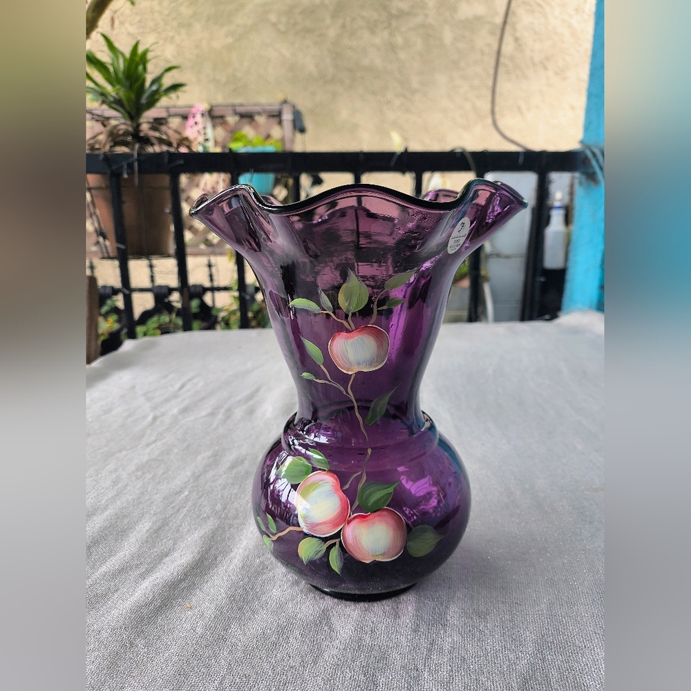 Fenton Apples On Aubergine Purple 100 Anniversary Vase Hand Painted By A. Deem